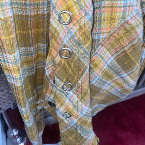 FREE PEOPLE Juniper Ridge Button-Down Shirt Oversized Plaid Crinkled Cotton Top - Picture 4 of 7